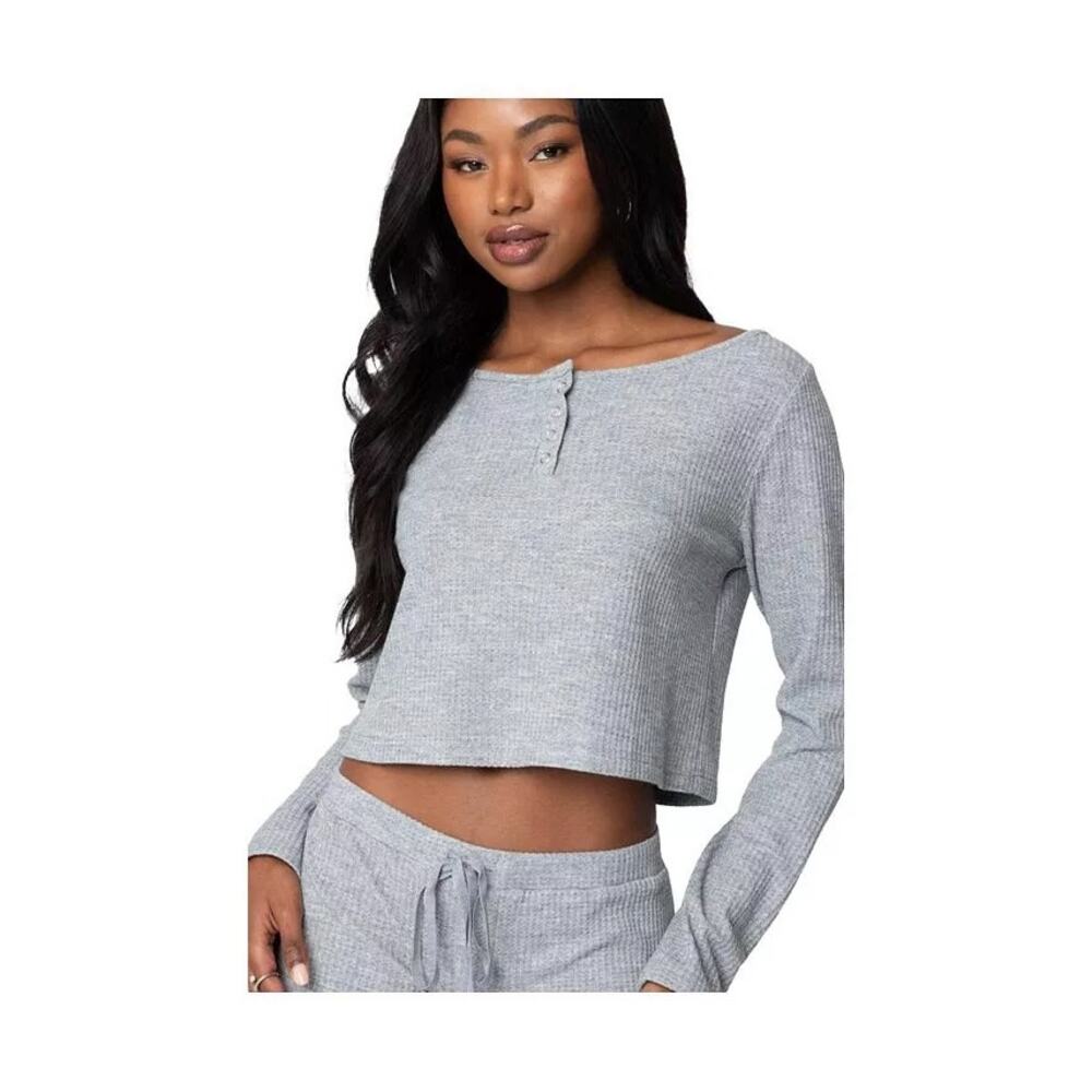 Edikted Women's Teddy Cropped Waffle Top Size Medium NEW Causal Comfort Lounge